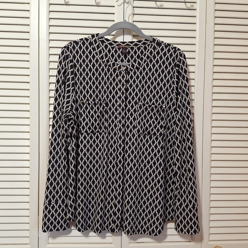 Dana Buchman Womens Size L Button Front Blouse Black Tan Longsleeves Pockets...